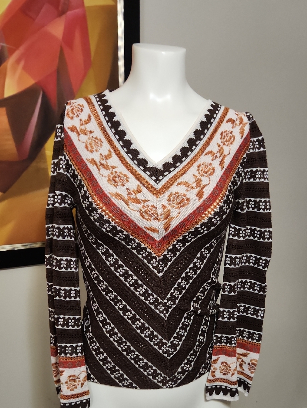 Brown V-Neck Floral Stripe Sweater - Women
